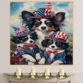 Patriotic Papillon Dogs in American Flag Hats and Suits Celebrating Independence Day with Fireworks and Flowers on Ready to Hang 1.5" Thick Canvas Wrap, Floating Framed Canvas, Flat Rolled Canvas